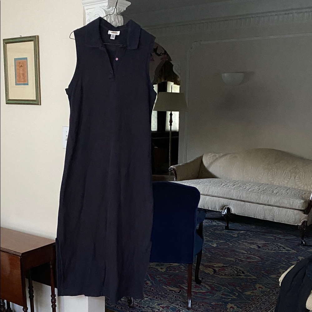 Talbots Dark Navy 100% Cotton Maxi Dress with Polo Style Collar & Side Slits L